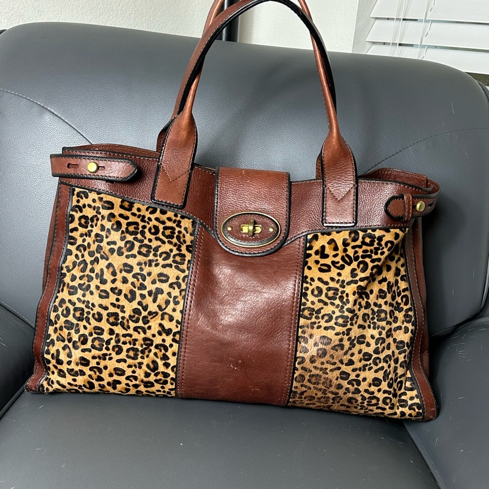 Rare Vintage Fossil Weekender Brown with Cheetah Calf Hair Leather Handbag Tote